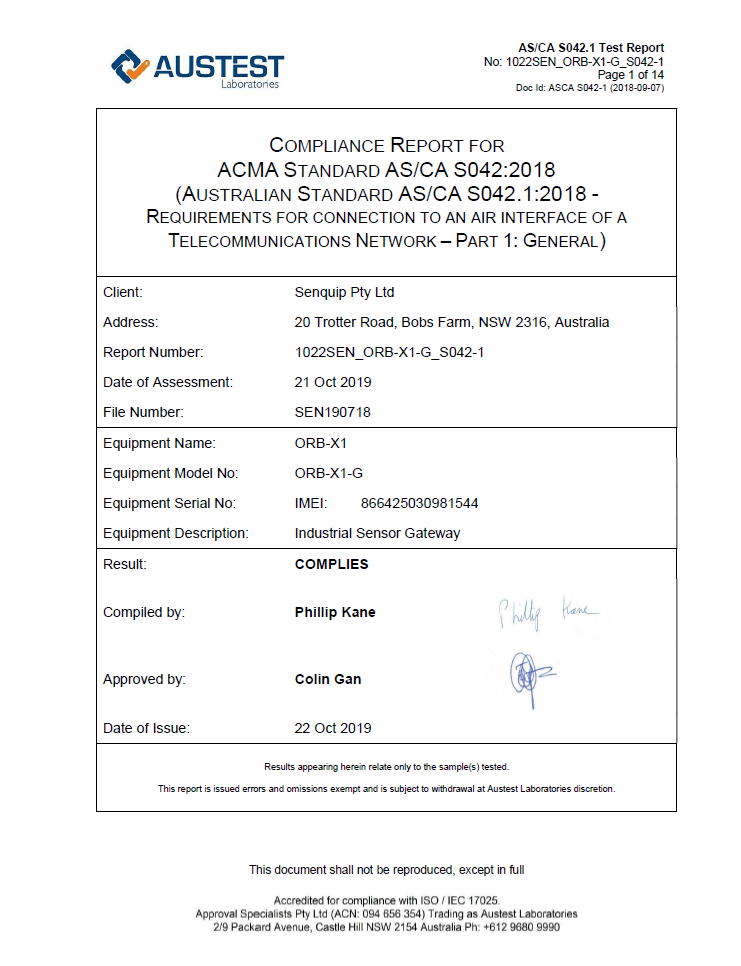 Certificate ACMA AS/CA S042.1 2018