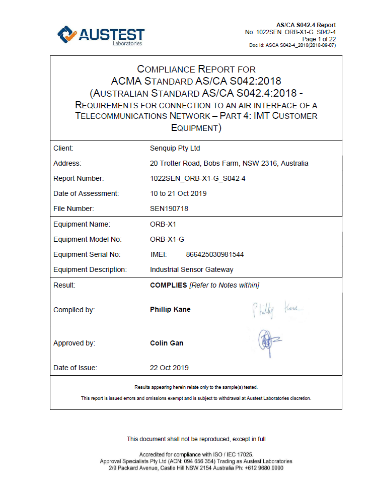 Certificate ACMA AS/CA S042.4 2018