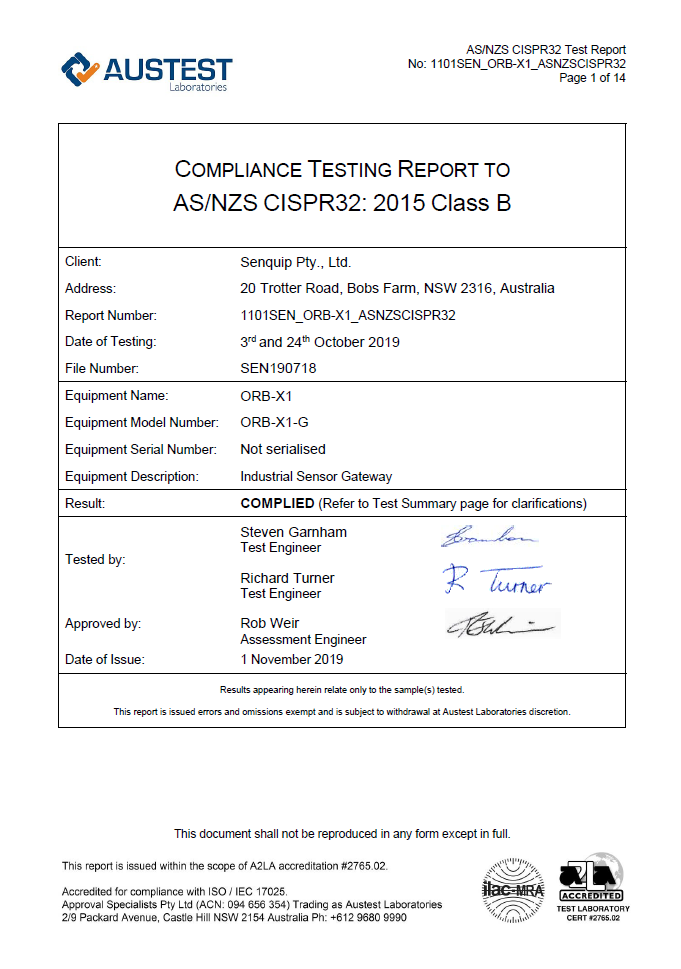 Certificate AS/NZS CISPR32: 2015 Class B